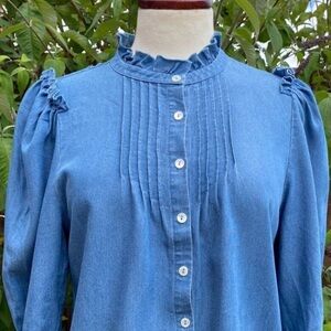 Wyse‎ London Denim Chambray Soft Frill Edge Pintuck Blouse Shirt Size S